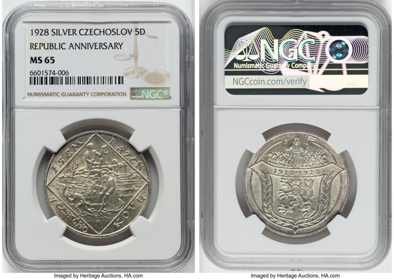 Republic 5 Dukaten 1928 MS65 NGC, KMX-M1. Commemorating the 10th anniversary of ...