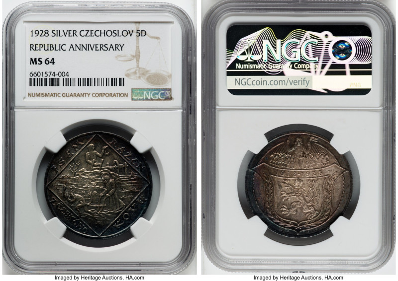 Republic "10th Anniversary" 5 Dukaten 1928 MS64 NGC, KMX-M1. Commemorating the 1...