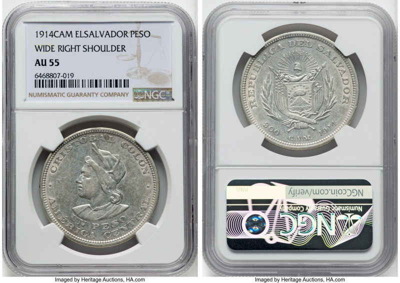 Republic Peso 1914 C.A.M. AU55 NGC, Philadelphia mint, KM115.2. Wide right shoul...