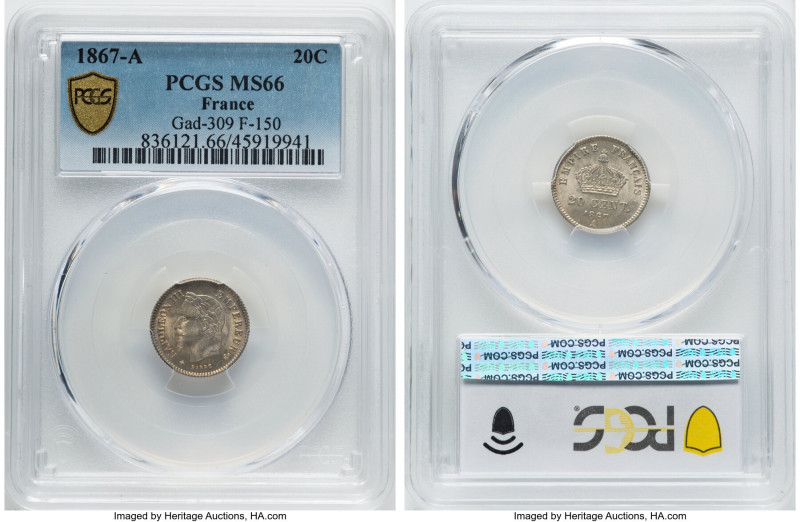 Napoleon III 20 Centimes 1867-A MS66 PCGS, Paris mint, KM808.1, Gad-309, F-150. ...