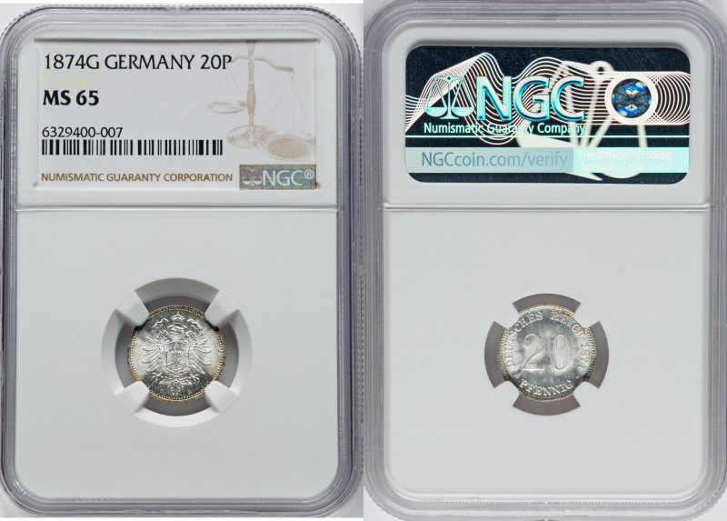 Wilhelm II 20 Pfennig 1874-G MS65 NGC, Karlsruhe mint, KM5, J-5. HID09801242017 ...