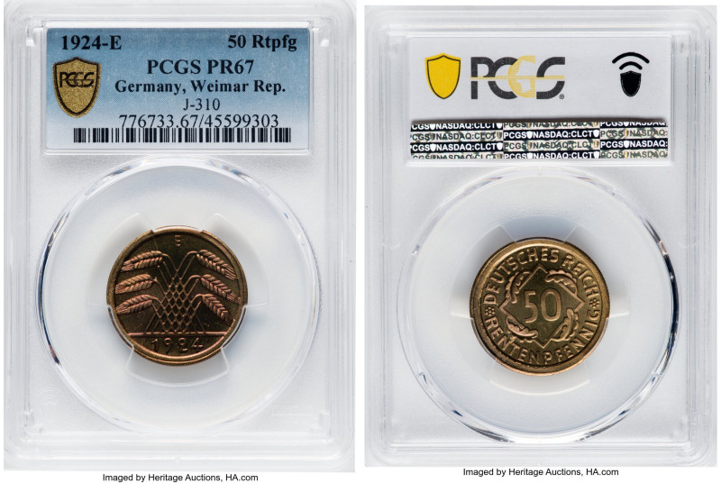 Weimar Republic Proof 50 Pfennig 1924-E PR67 PCGS, Muldenhutten mint, KM34, J-31...