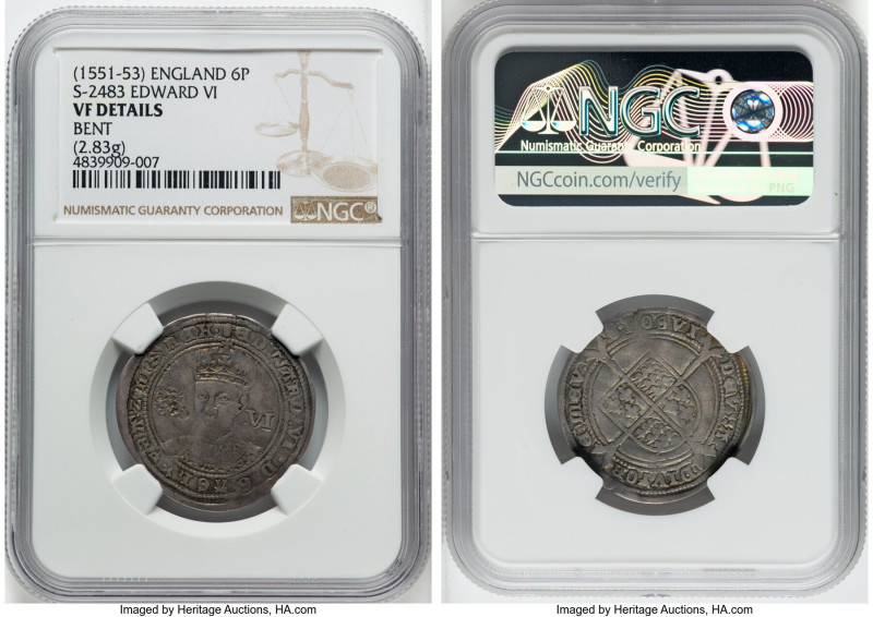 Edward VI (1547-1553) 6 Pence ND (1551-1553) VF Details (Bent) NGC, London mint,...