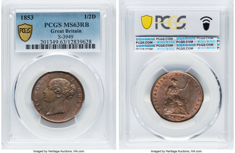 Victoria 1/2 Penny 1853 MS63 Red and Brown PCGS, KM726, S-3949. HID09801242017 ©...