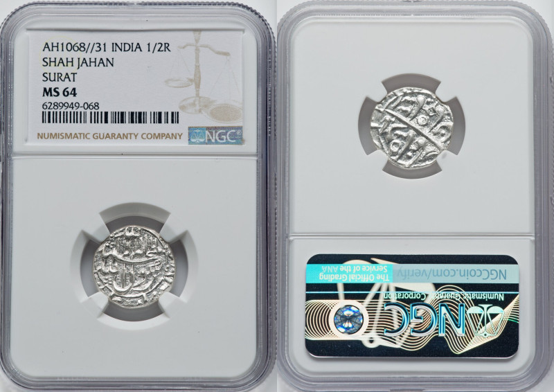 Mughal Empire. Shah Jahan 1/2 Rupee AH 1068 Year 31 (1657/1658) MS64 NGC, Surat ...