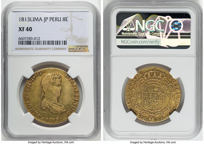 Ferdinand VII gold 8 Escudos 1813 LIMAE-JP XF40 NGC, Lima mint, KM124. HID098012...