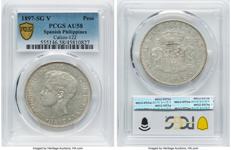 Spanish Colony. Alfonso XIII Peso 1897 SG-V AU58 PCGS, Manila mint, KM154, Cal-1...