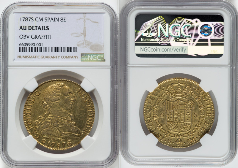 Charles III gold 8 Escudos 1787 S-CM AU Details (Obverse Graffiti) NGC, Seville ...