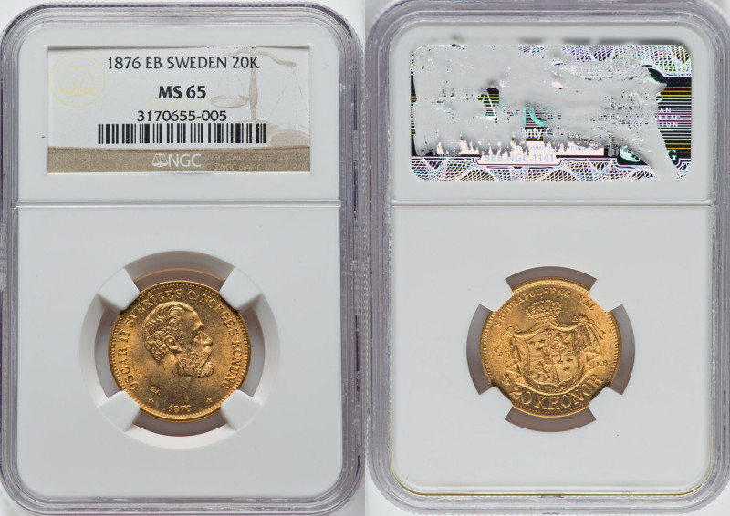 Oscar II gold 20 Kronor 1876-EB MS65 NGC, Stockholm mint, KM744, Fr-93. Two year...