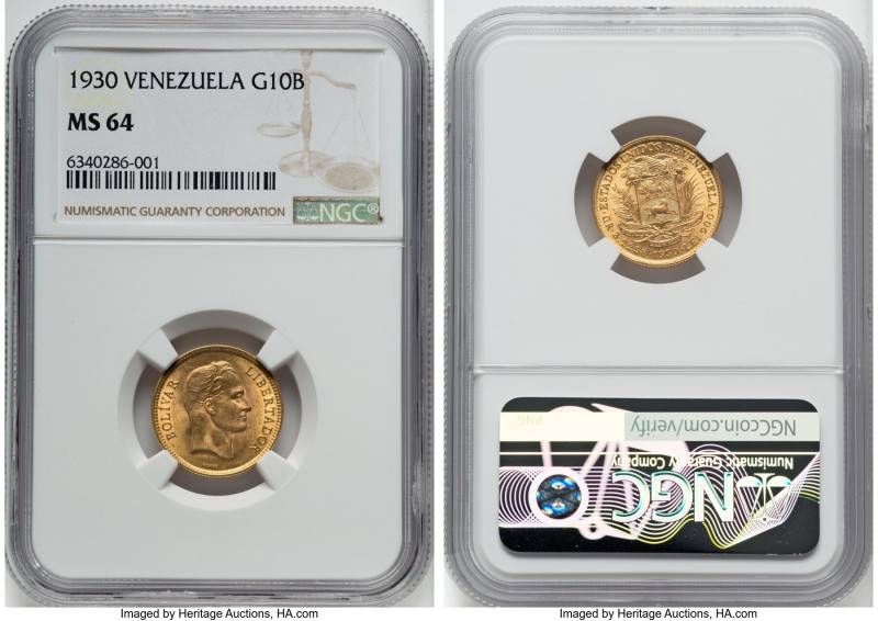 Republic gold 10 Bolivares 1930-(p) MS64 NGC, Philadelphia mint, KM-Y31, Fr-6. H...