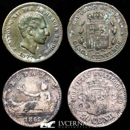 Spain - Lot comprising two coins:

Silver 50 centimos 1869 - Gobierno Provisiona...