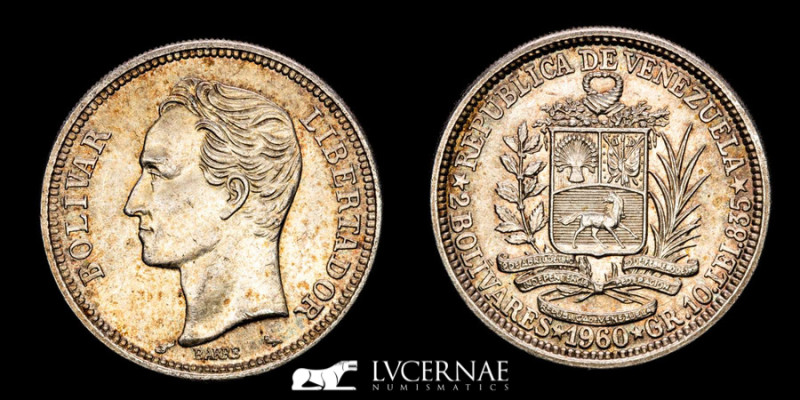 Venezuela
2 Bolívares
1960
Silver (.835) • 10 g • 27.5 mm
Y# A37
Uncirculated...