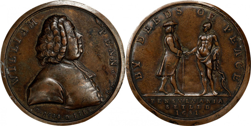 "1718" (1775) William Penn / By Deeds of Peace Medal. As Betts-531. Joined Coppe...