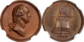 "1776" (ca. 1876) Washington by Soley - Liberty Bell Medalet. Second Liberty Bell Die. Musante GW-470, Baker-403A. Copper. MS-65 BN (NGC).
18 mm.

...
