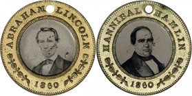 1860 Abraham Lincoln Campaign Ferrotype. DeWitt-AL 1860-96, Cunningham 2-370B, King-149. Gilt Brass Shells. Reeded Edge. About Uncirculated.
24.5 mm....