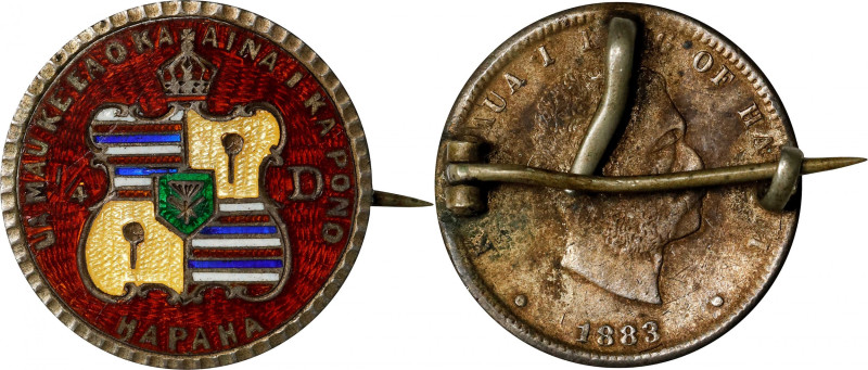 Enameled 1883 Kingdom of Hawaii quarter dollar.
Multicolored coat of arms on a ...