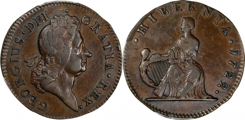 1722 Wood's Hibernia Halfpenny. Martin 3.2-Bb.3, W-12690. Rarity-4. First Type, ...