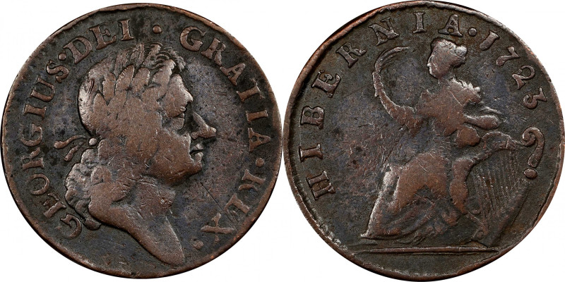 1723 Wood's Hibernia Halfpenny. Martin 4.61-Ha.1, W-12900. Rarity-4. Fine, Old C...