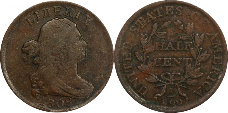 1808 Draped Bust Half Cent. C-3. Rarity-1. VF Details--Environmental Damage (PCG...