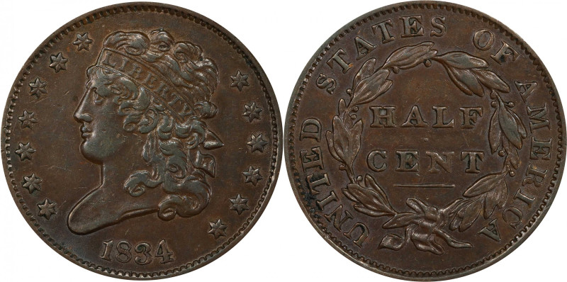 1834 Classic Head Half Cent. C-1, the only known dies. Rarity-1. AU-50 (PCGS).
...