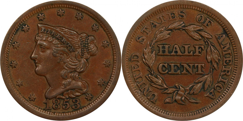 1853 Braided Hair Half Cent. C-1, the only known dies. Rarity-1. AU-55 (PCGS).
...