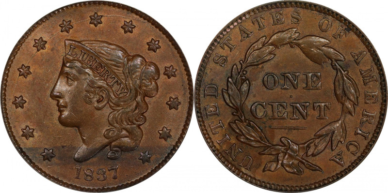 1837 Modified Matron Head Cent. N-5. Rarity-2. Plain Cords, Small Letters. AU-55...