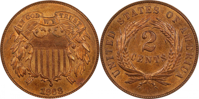 1868 Two-Cent Piece. MS-64 RB (PCGS). CAC.
PCGS# 3598. NGC ID: 22NC.
From the ...