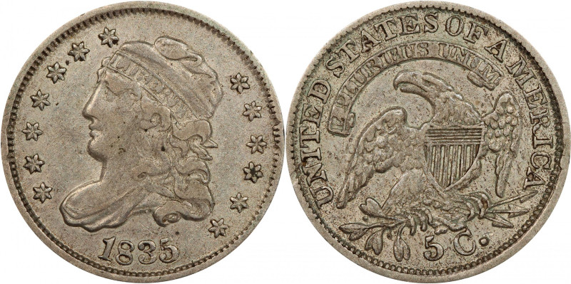 1835 Capped Bust Half Dime. LM-4. Rarity-3. Large Date, Large 5 C. EF-45 (PCGS)....