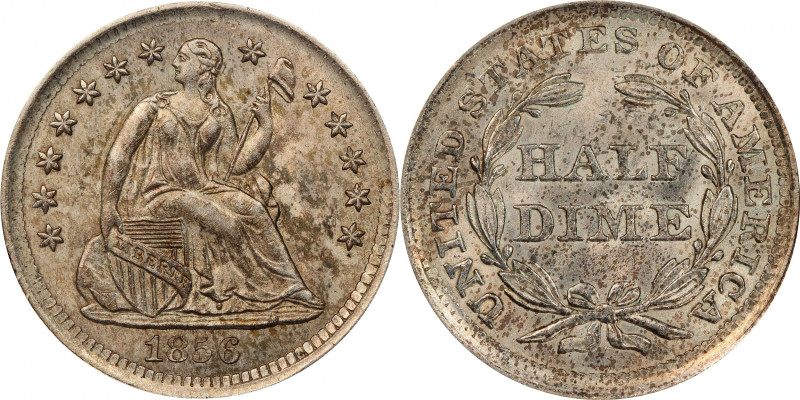 1856 Liberty Seated Half Dime. MS-64 (PCGS).
PCGS# 4363. NGC ID: 233P.
From th...