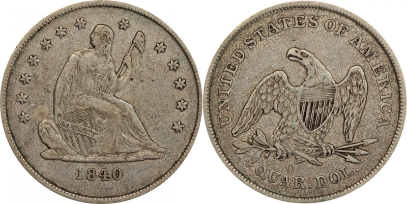 1840-O Liberty Seated Quarter. No Drapery. Briggs 1-A. Mintmark Left. VF-35 (PCG...