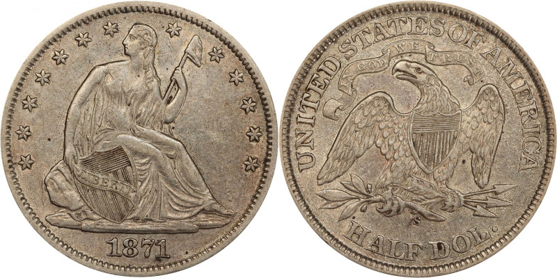 1871-S Liberty Seated Half Dollar. WB-3. Rarity-3. Very Small Thick Top S. EF-45...