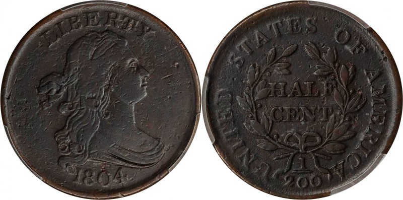 1804 Draped Bust Half Cent. C-10. Rarity-1. Crosslet 4, Stems to Wreath. VF Deta...