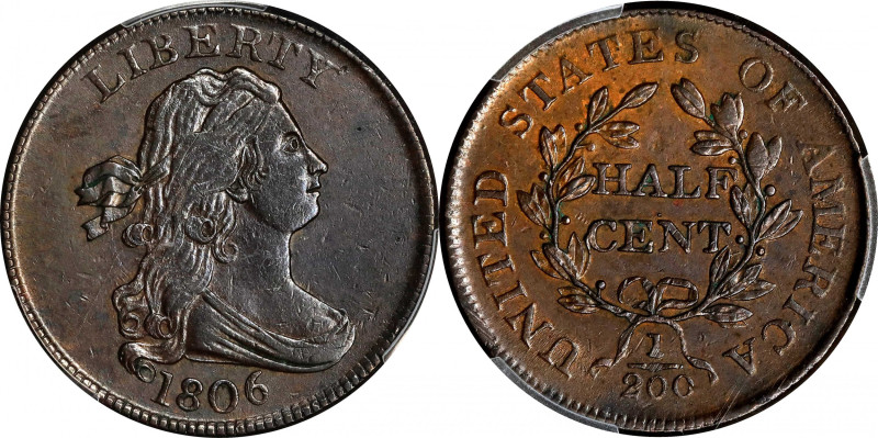 1806 Draped Bust Half Cent. C-1. Rarity-1. Small 6, Stemless Wreath. AU Details-...