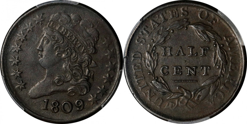 1809/'6' Classic Head Half Cent. C-5. Rarity-1. 9/Inverted 9. EF-45 (PCGS).
PCG...