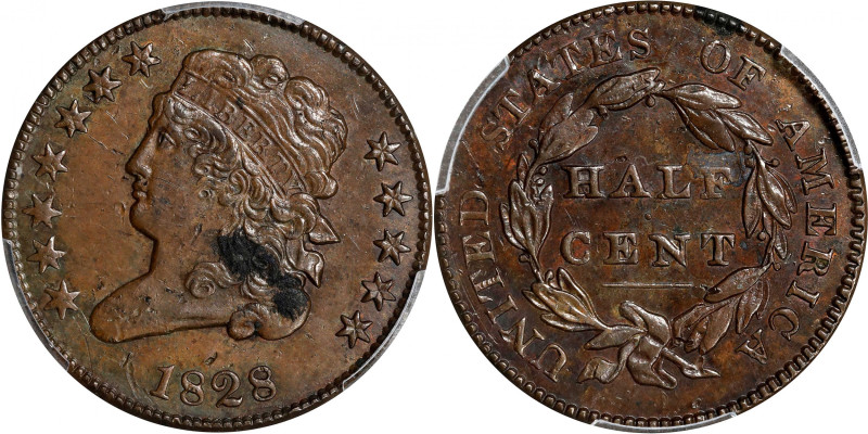 1828 Classic Head Half Cent. C-2. Rarity-2. 12 Stars. AU Details--Damage (PCGS)....