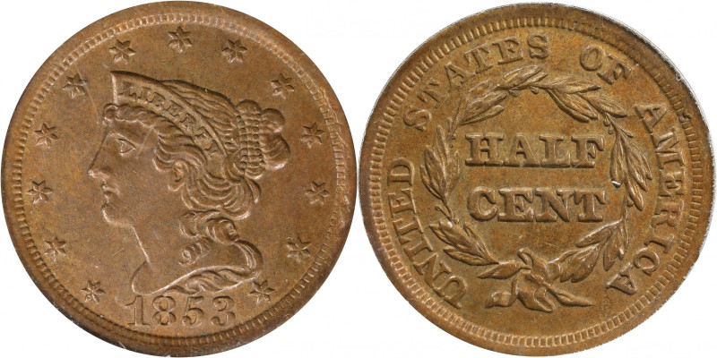 1853 Braided Hair Half Cent. C-1, the only known dies. Rarity-1. MS-62 BN (PCGS)...