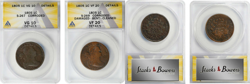 Lot of (2) 1805 Draped Bust Cents. (ANACS).
Included are: S-267, VG-10 Details-...