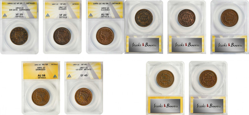 Lot of (5) Braided Hair Cents. (ANACS).
Included are: 1842 Small Date, VF-25 De...