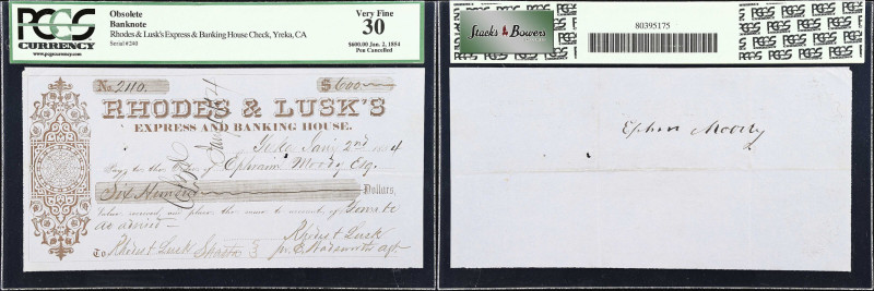 Yreka, California. Rhodes & Lusk's Express Banking House Check. 1854 $600. PCGS ...