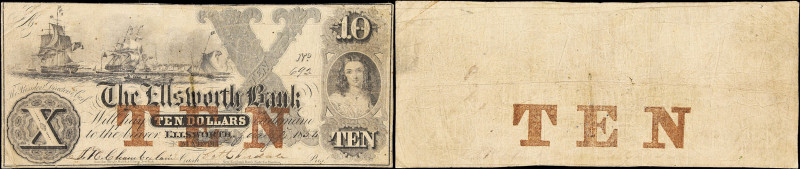 Ellsworth, Maine. Ellsworth Bank. 1854. $10. Fine.
A difficult to locate denomi...