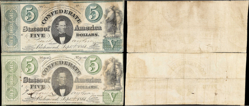 Lot of (2) T-33. Confederate Currency. 1861 $5. Fine & Very Fine.
A pair of T-3...