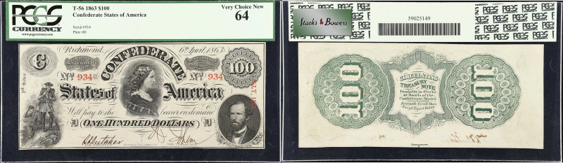 T-56. Confederate Currency. 1863 $100. PCGS Currency Very Choice New 64.
No. 93...