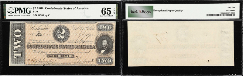 T-70. Confederate Currency. 1864 $2. PMG Gem Uncirculated 65 EPQ.
No. 94709. Pl...