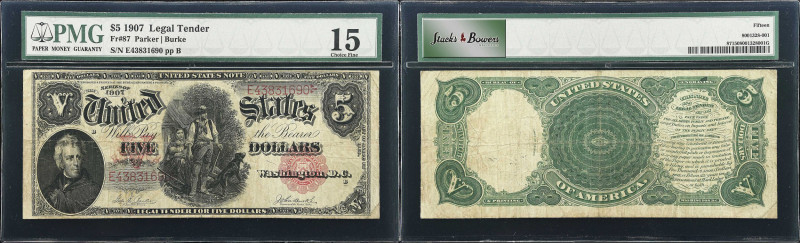 Fr. 87. 1907 $5 Legal Tender Note. PMG Choice Fine 15.
An evenly circulated exa...