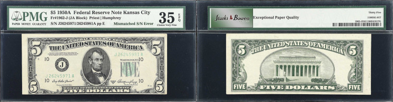 Fr. 1962-J. 1950A $5 Federal Reserve Note. Kansas City. PMG Choice Very Fine 35 ...