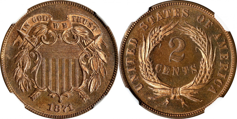 1871 Two-Cent Piece. Proof-66 RB (NGC).
PCGS# 3646. NGC ID: 22NH.

Estimate: ...