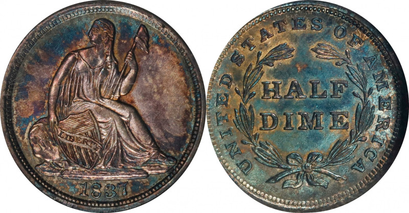 1837 Liberty Seated Half Dime. No Stars. Large Date. Repunched Date. MS-62 (ANAC...