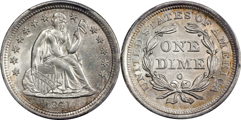 1841-O Liberty Seated Dime. Open Bud Reverse. AU-58 (PCGS).
PCGS# 4580. NGC ID:...