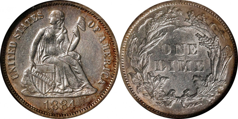 1884 Liberty Seated Dime. MS-61 (NGC).
PCGS# 4692. NGC ID: 23AX.
From the Robe...