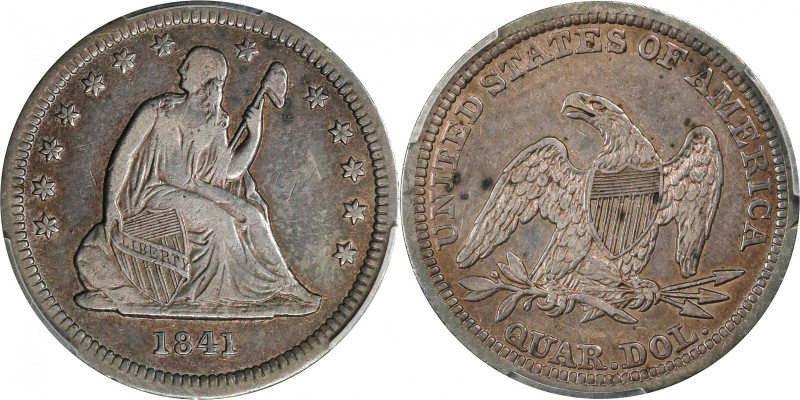 1841 Liberty Seated Quarter. Briggs 2-A. Doubled Die Reverse. VF-30 (PCGS).
PCG...